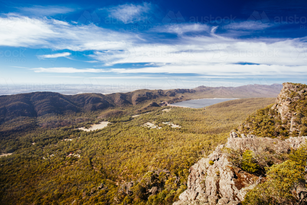 Iconic views from Pinnacle Lookout over Halls Gap and surrounds on the Wonderland hike loop - Australian Stock Image
