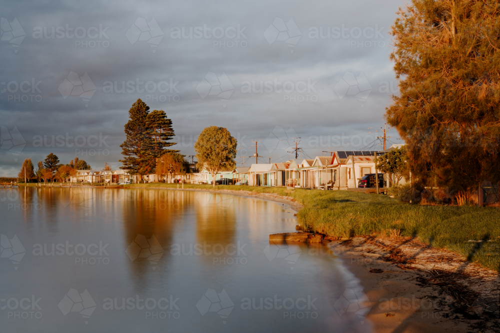 Idyllic Waterfront Shacks on Lake Alexandrina at Milang, South Australia - Australian Stock Image