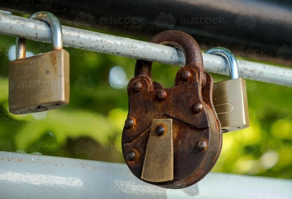 Image of love locks on bridge at Claisebrook Cove, Perth - Australian Stock Image