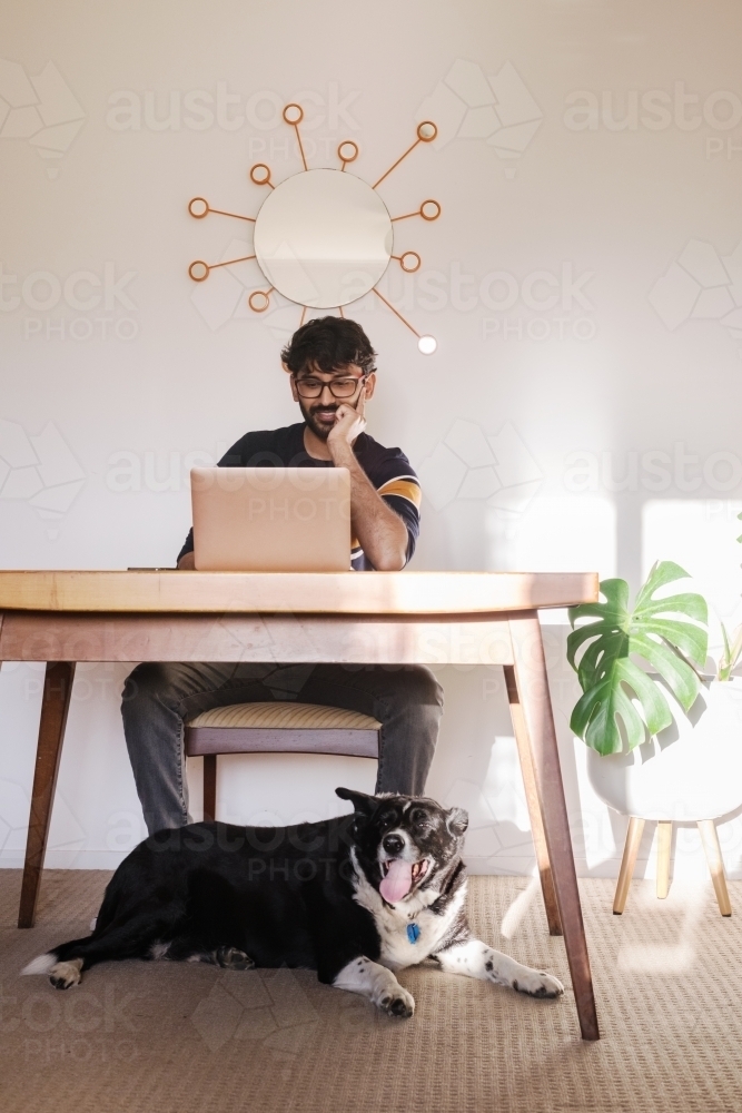 indian man using computer sitting at dining table - Australian Stock Image