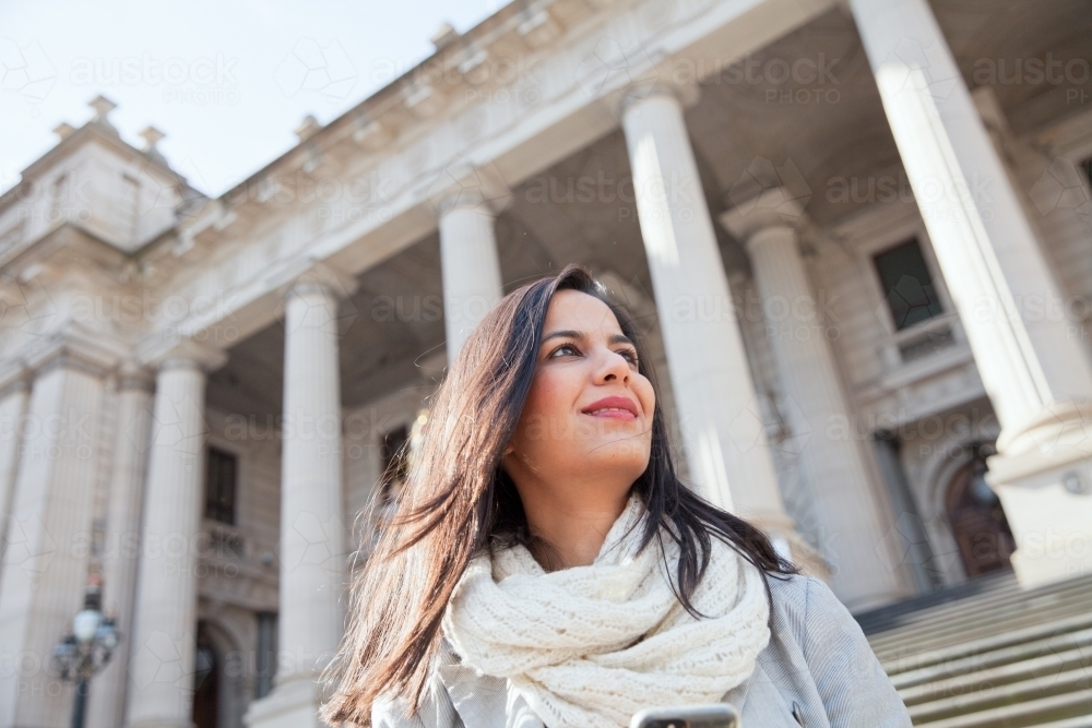 Indian Woman Outside Victorian Parliament - Australian Stock Image