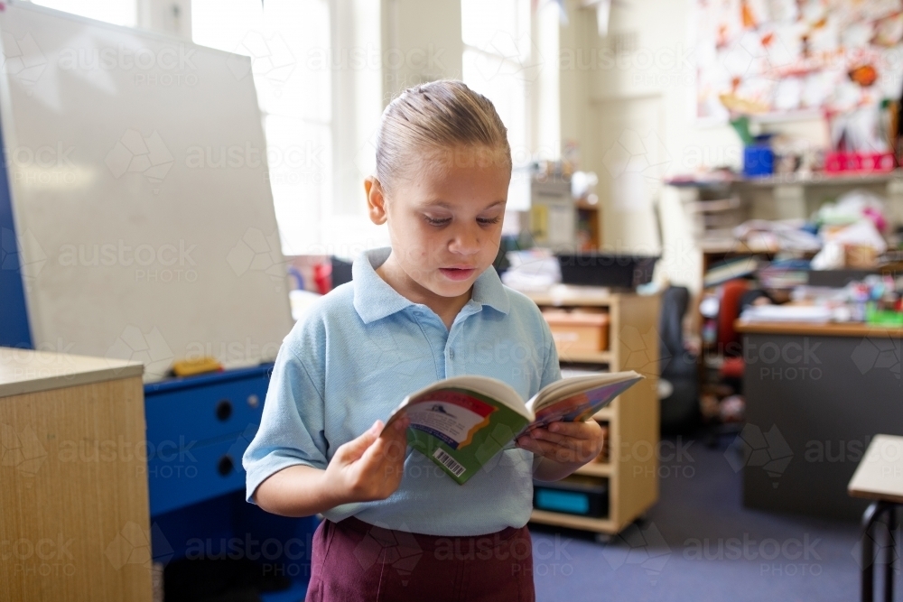 Indigenous primary school student standing reading a book in a classroom - Australian Stock Image