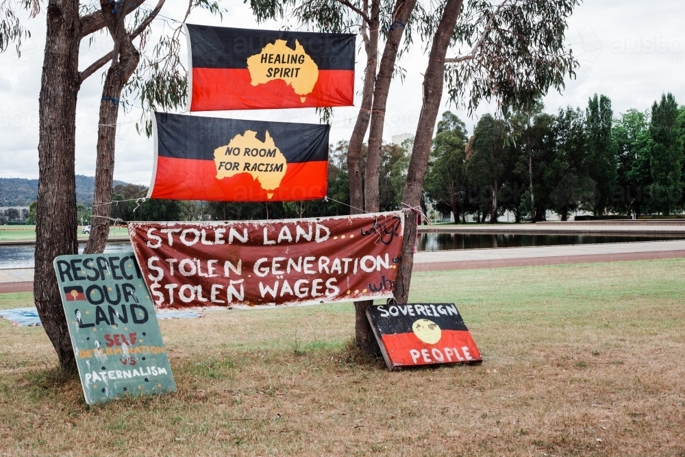 Indigenous rights signs in trees - Australian Stock Image