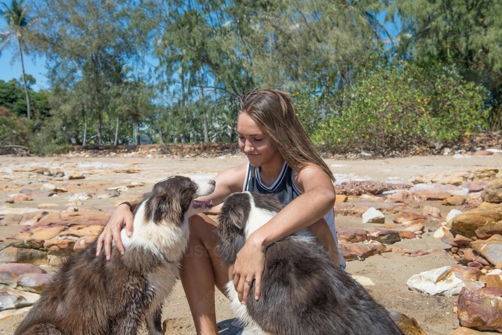 Indigenous teenager at the beach with her dogs - Australian Stock Image