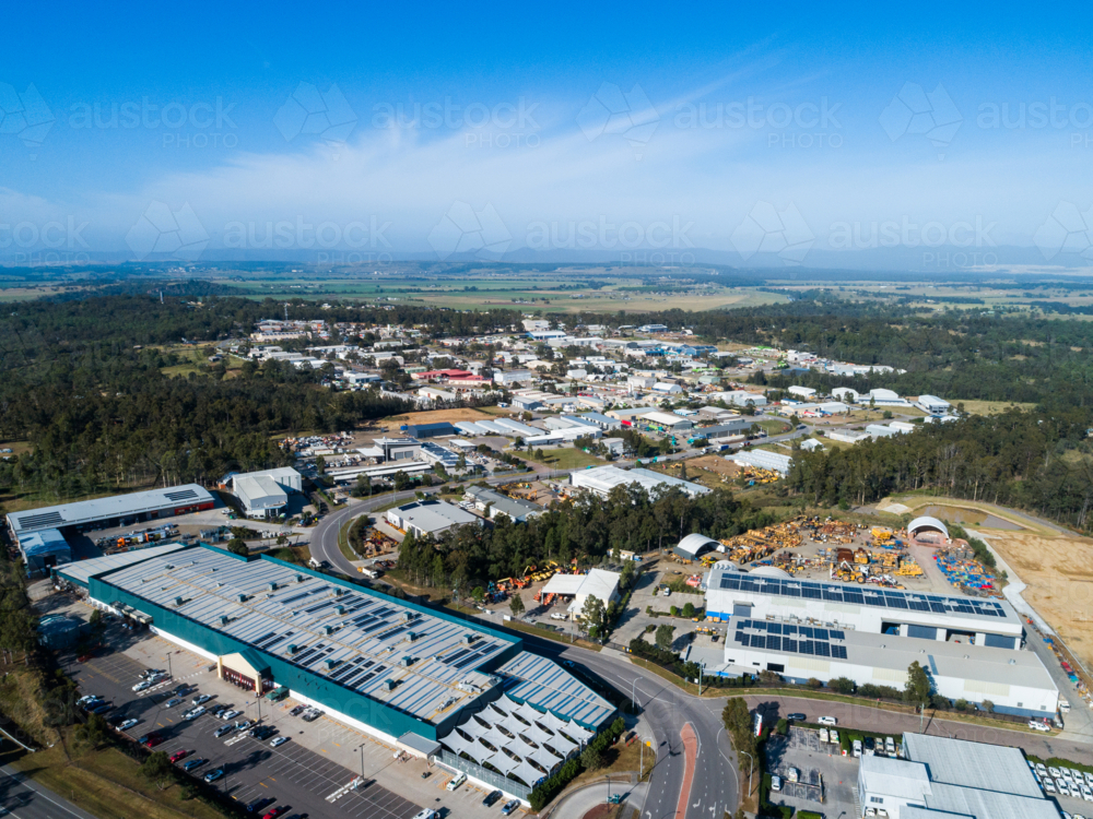Industrial area buildings and workshops seen from aerial view on Maison Dieu area of Singleton - Australian Stock Image