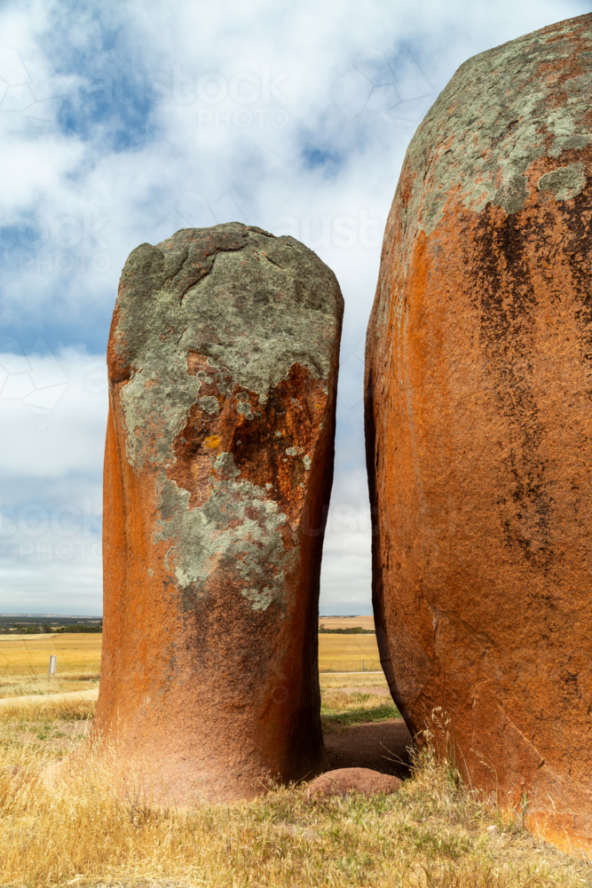 Inselberg rock formations known as Murphy's Haystacks in a wheat field. - Australian Stock Image