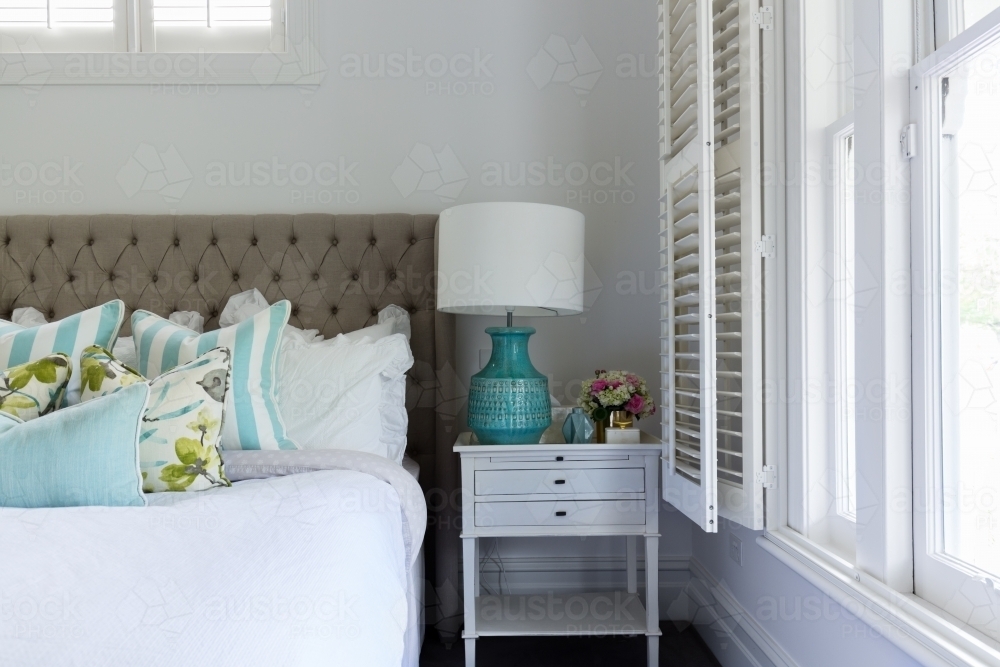 Interior destails of a master bedroom bedside table - Australian Stock Image