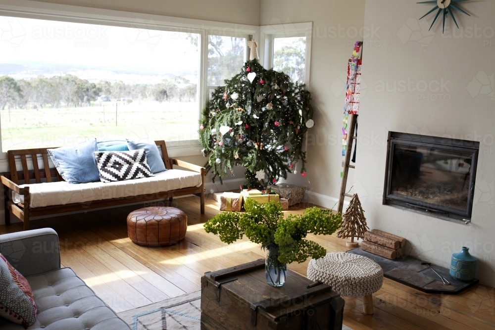 Interior of country house decorated ready for Christmas - Australian Stock Image