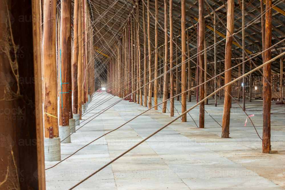 Interior of historic stick shed with rows of timber poles and bracing wires. - Australian Stock Image
