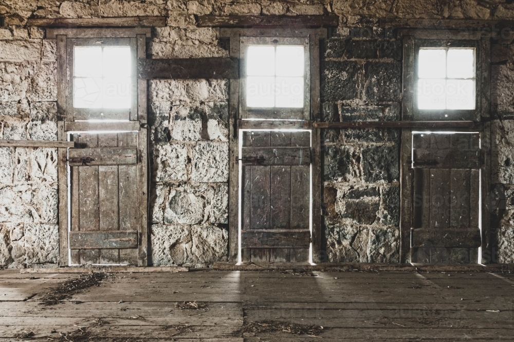 interior of old stone shearing shed doors and windows - Australian Stock Image