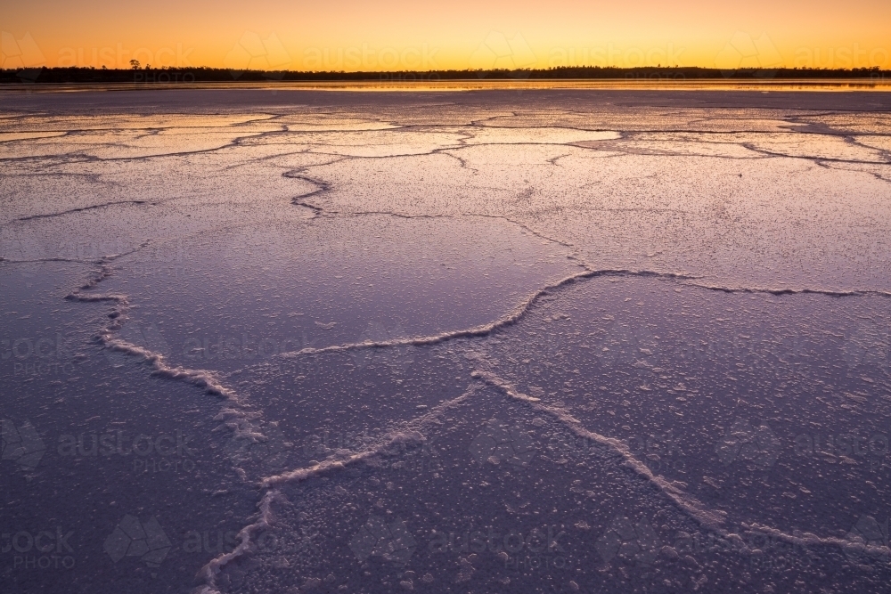 Irregular patterns on a salt lake at dawn - Australian Stock Image