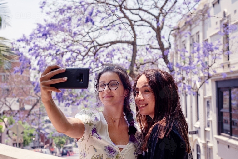 jacarandas in bloom, two friends taking a selfie - Australian Stock Image