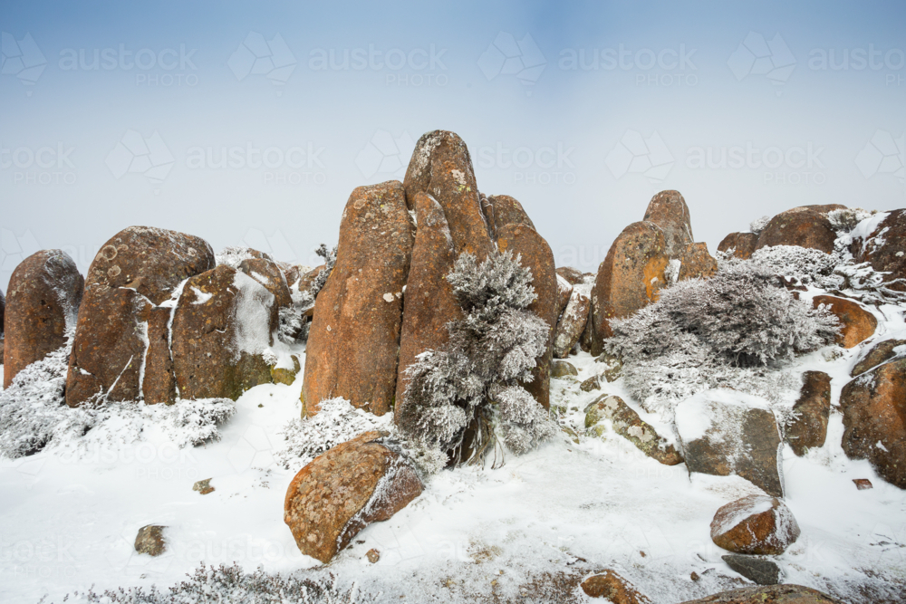 Jagged rock formations covered in rime ice and surrounded by winter snow - Australian Stock Image