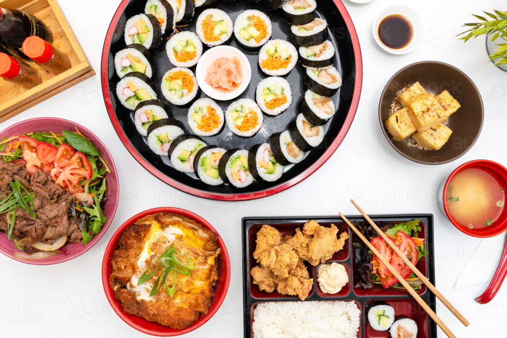 Japanese Array Of Food On White Table - Australian Stock Image