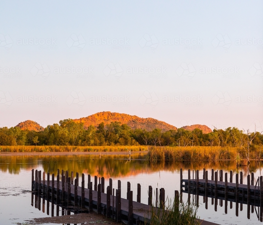 jetties at Lily Creek Lagoon in Kununurra at sunset - Australian Stock Image
