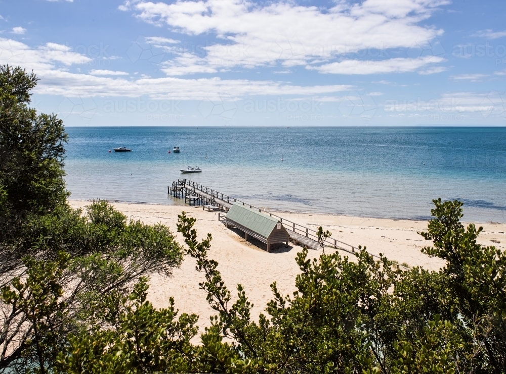 jetty & shed from walking track - Australian Stock Image