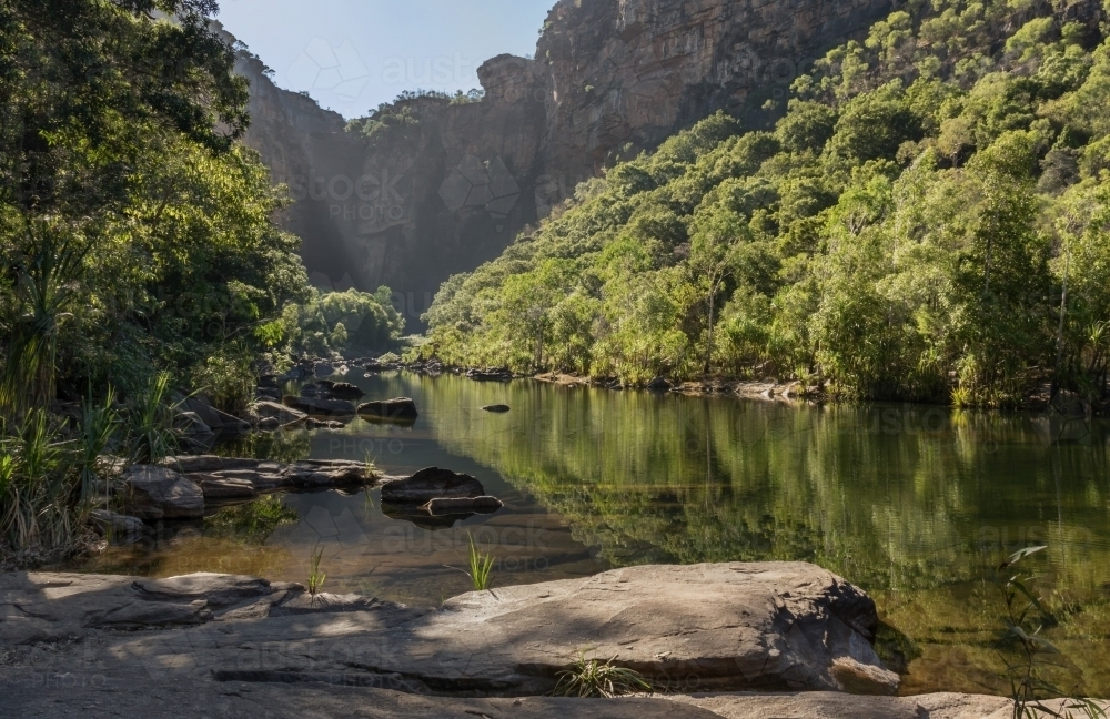 Jim Jim Gorge landscape with pristine water and lush rainforest - Australian Stock Image