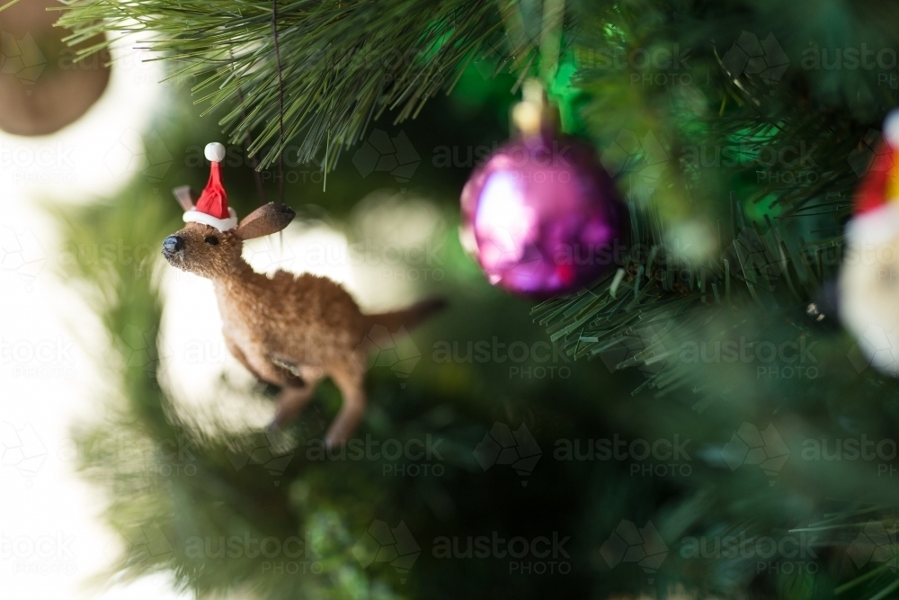 Kangaroo and santa hat decoration on a christmas tree - Australian Stock Image