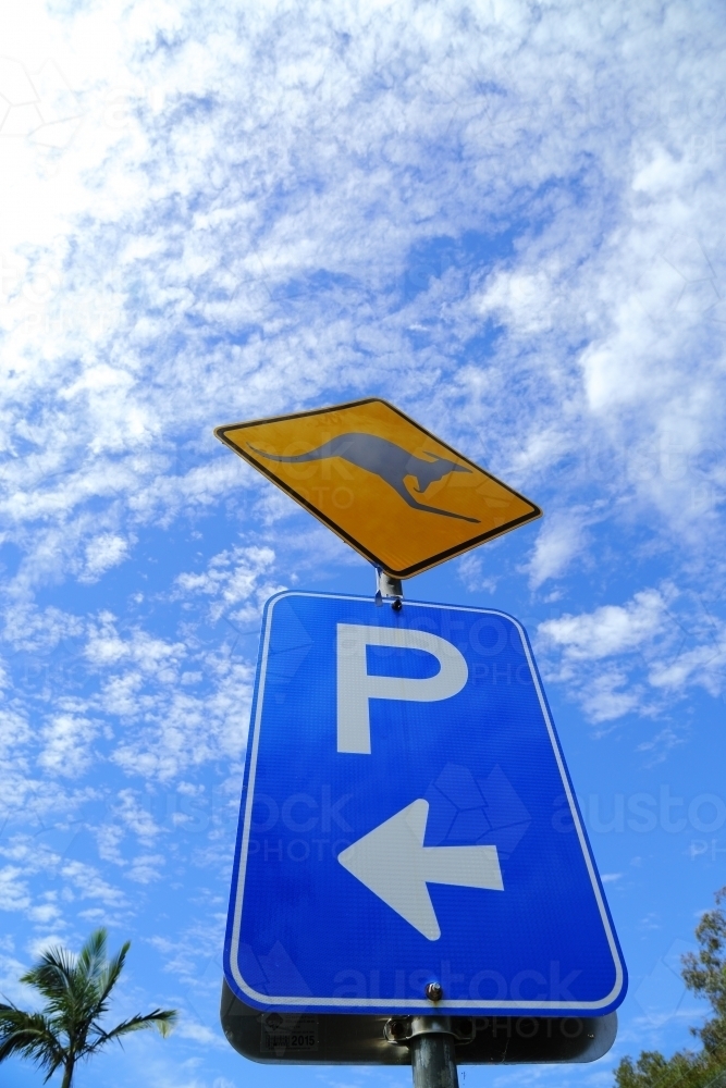 Image of Kangaroo parking sign on roadside in Queensland. Austockphoto