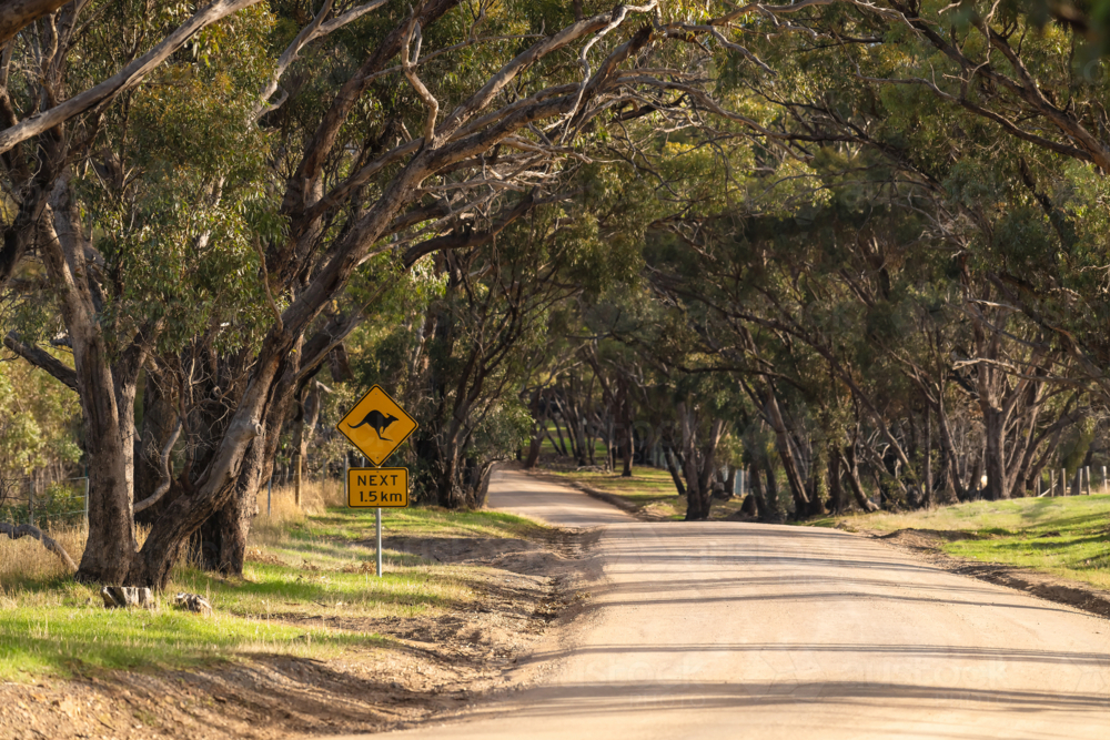 Kangaroo warning sign next to the country road in the Onkaparinga River National Park - Australian Stock Image