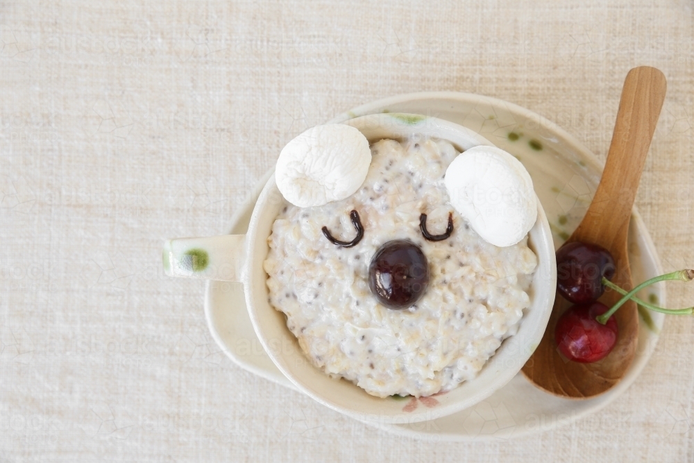 Koala bear oatmeal porridge breakfast, fun food art for kids - Australian Stock Image