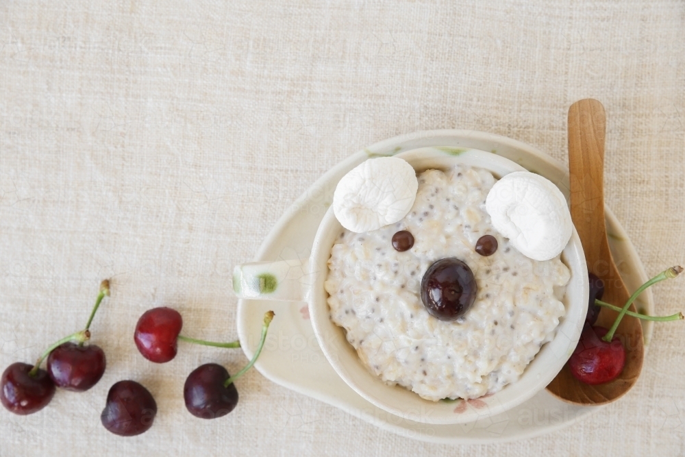 koala bear oatmeal porridge breakfast, fun food art for kids - Australian Stock Image