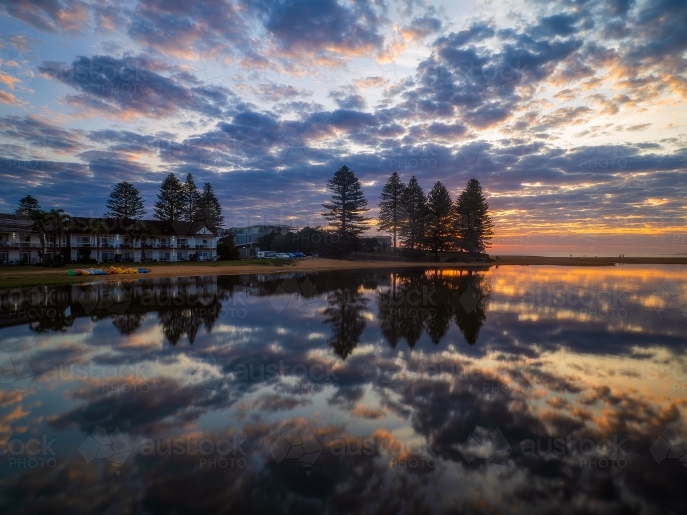 Lagoon Cloud Reflections at Sunrise - Australian Stock Image