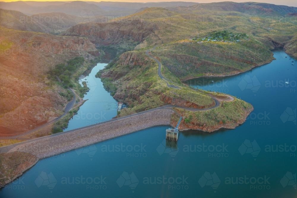 Lake Argyle and dam wall helicopter view - Australian Stock Image