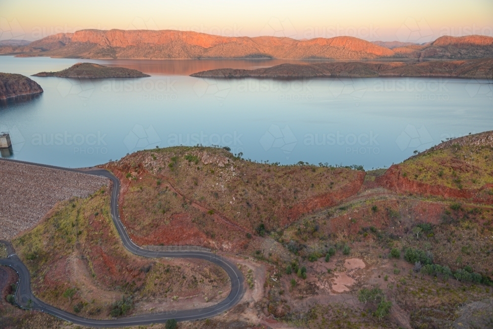 Lake Argyle at sunset from the air - Australian Stock Image