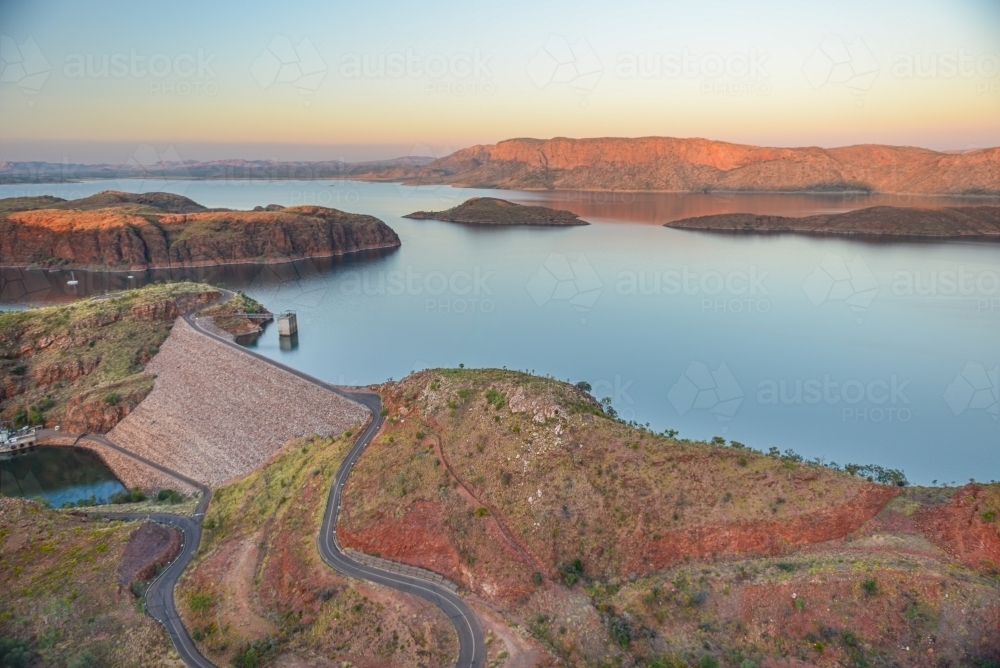 Lake Argyle at sunset from the air - Australian Stock Image