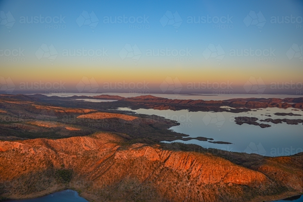 Lake Argyle at sunset from the air - Australian Stock Image