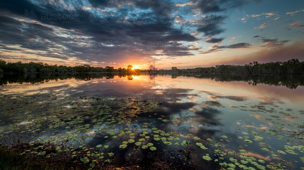Beautiful stormy sunset over a lake with lily pads - Australian Stock Image