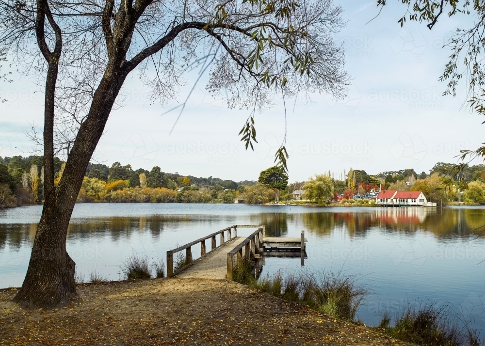 Lake with wooden dock - Australian Stock Image