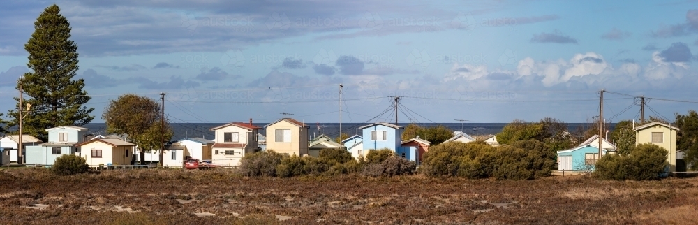 lakeside shacks in holiday town Milang, South Australia - Australian Stock Image