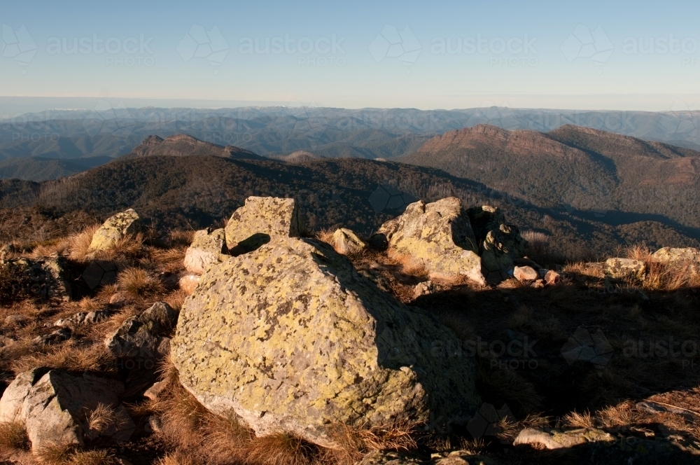Landscape of mountain ranges with rocks - Australian Stock Image
