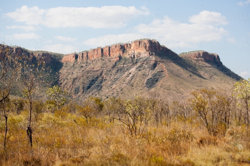 Landscape of mountains and scrub in the outback - Australian Stock Image