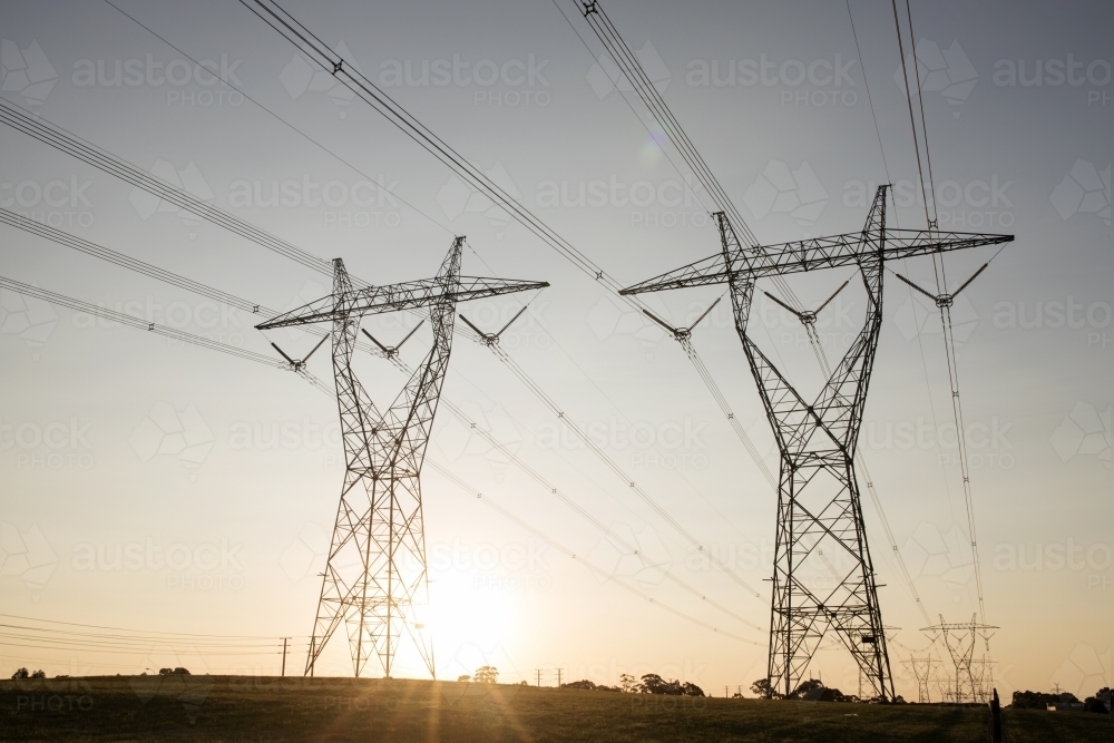 landscape of powerlines with sunset in background. - Australian Stock Image