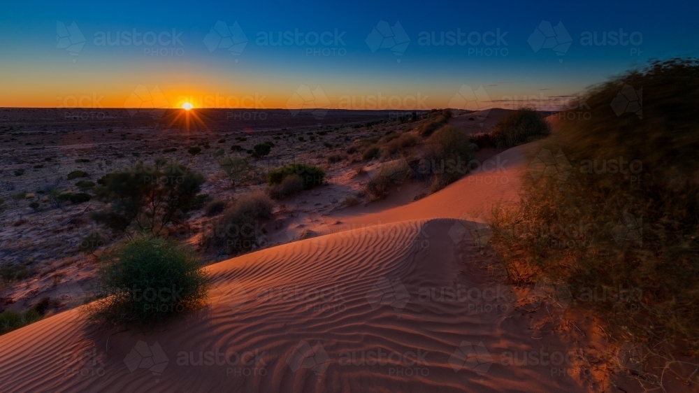 Landscape of sand dunes in desert at sunset - Australian Stock Image