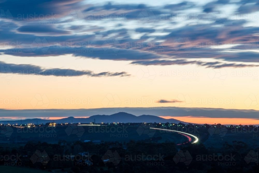 Landscape view of the You Yangs with light trails - Australian Stock Image