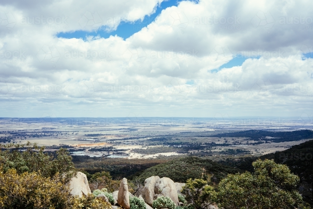 Landscape view overlooking cliffs and open rural fields - Australian Stock Image