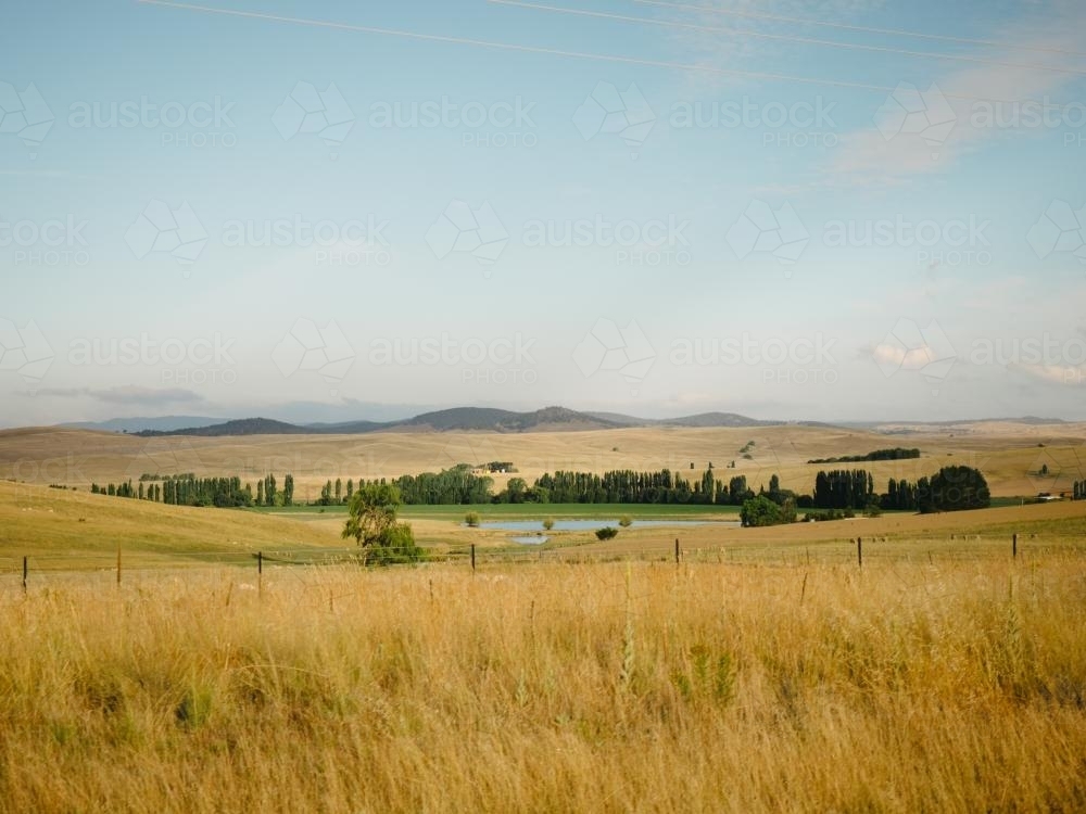 Landscape with dam, dry grasses and distant hills - Australian Stock Image