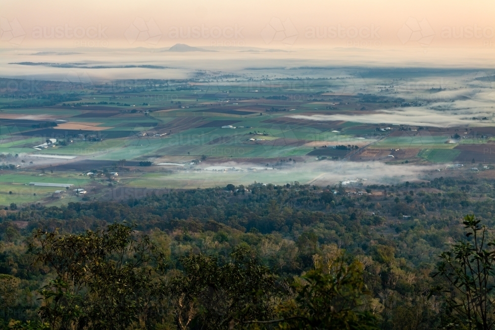 Landscape with early morning  fog and low clouds in the Scenic Rim - Australian Stock Image