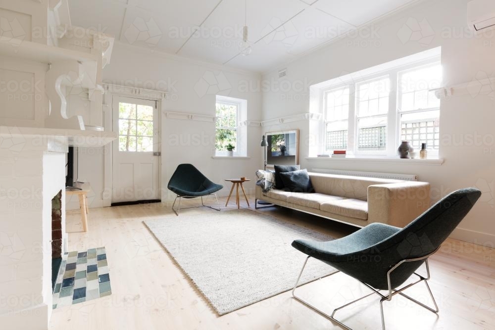 Large contemporary interior styled living room in Melbourne apartment - Australian Stock Image