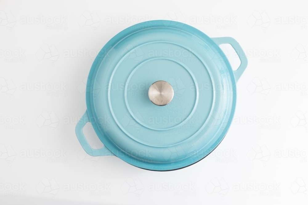 Large egg shell blue sauce pan - Australian Stock Image