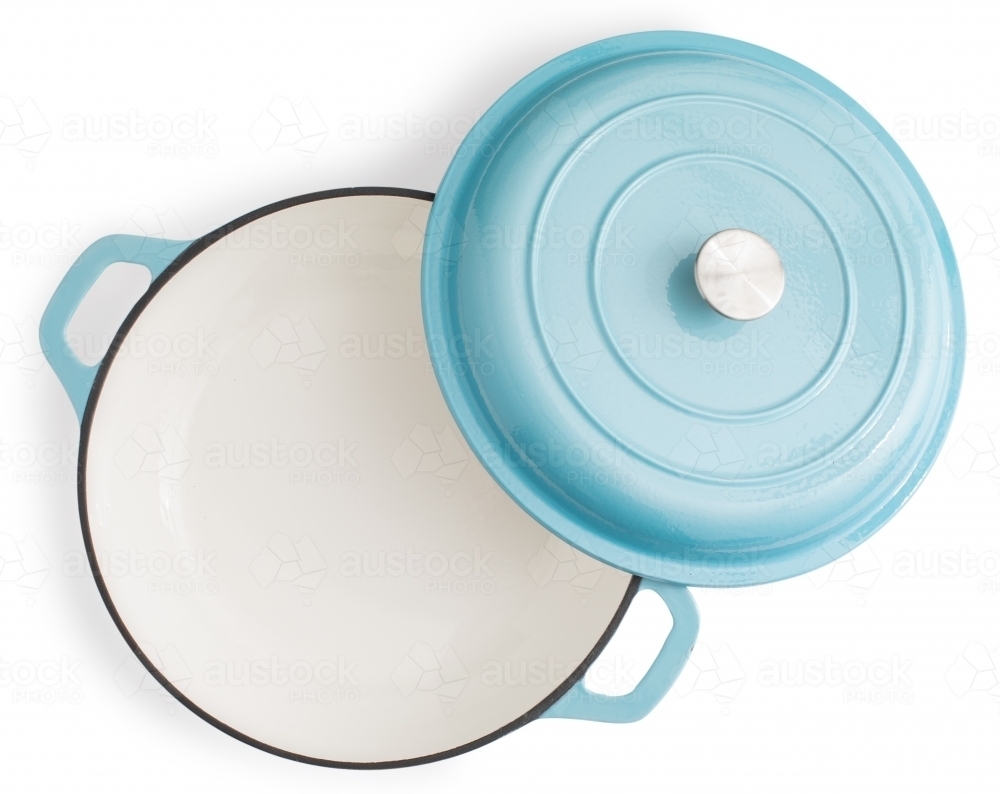 Large egg shell blue sauce pan - Australian Stock Image