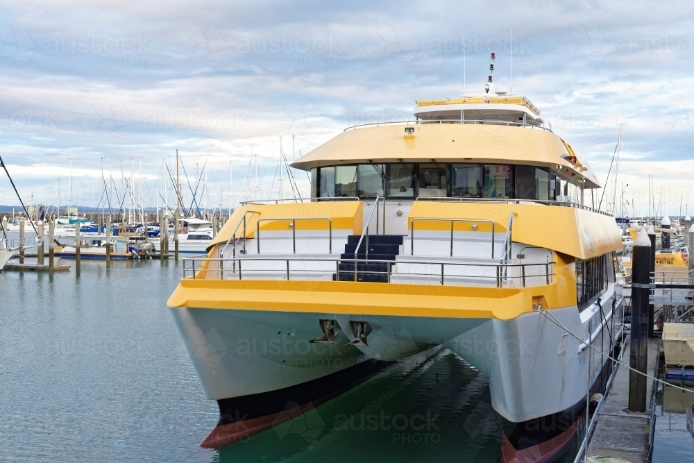 Large luxury catamaran moored in Hervey Bay, Urangan harbour ready for whale watching - Australian Stock Image