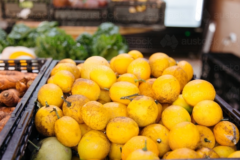 Large pile of bright yellow lemons in a black plastic tub at a grocery store - Australian Stock Image