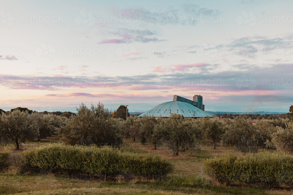 Large round grain silo in Gulgong New South Wales - Australian Stock Image