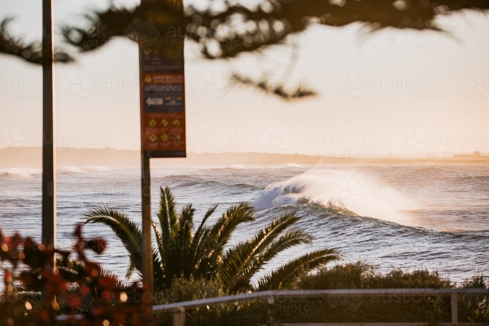 Large swell arriving along coastline at sunrise - Australian Stock Image