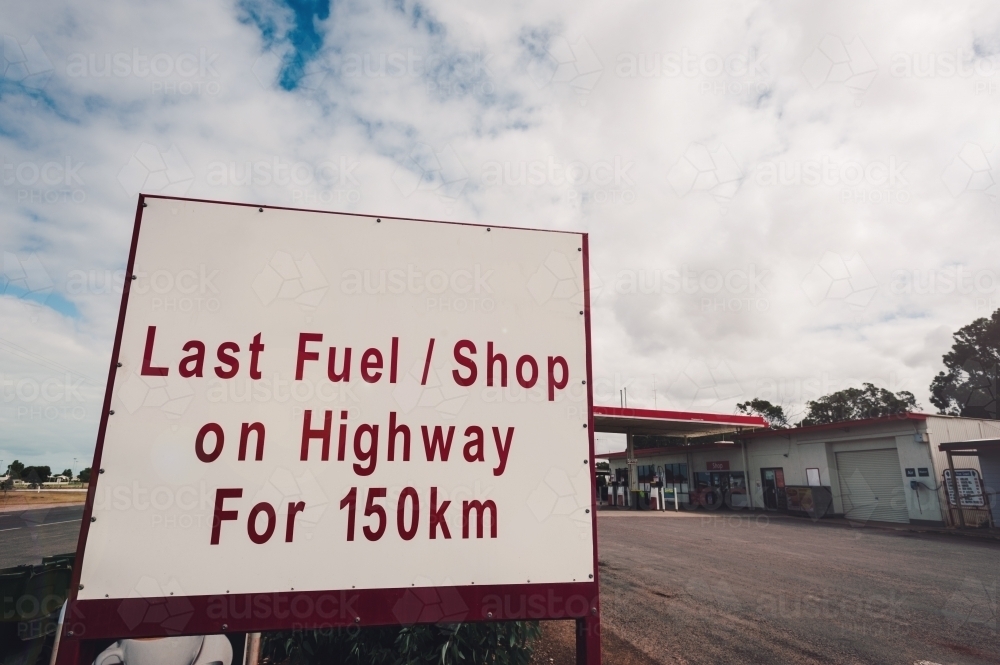 last fuel stop sign in south australia - Australian Stock Image